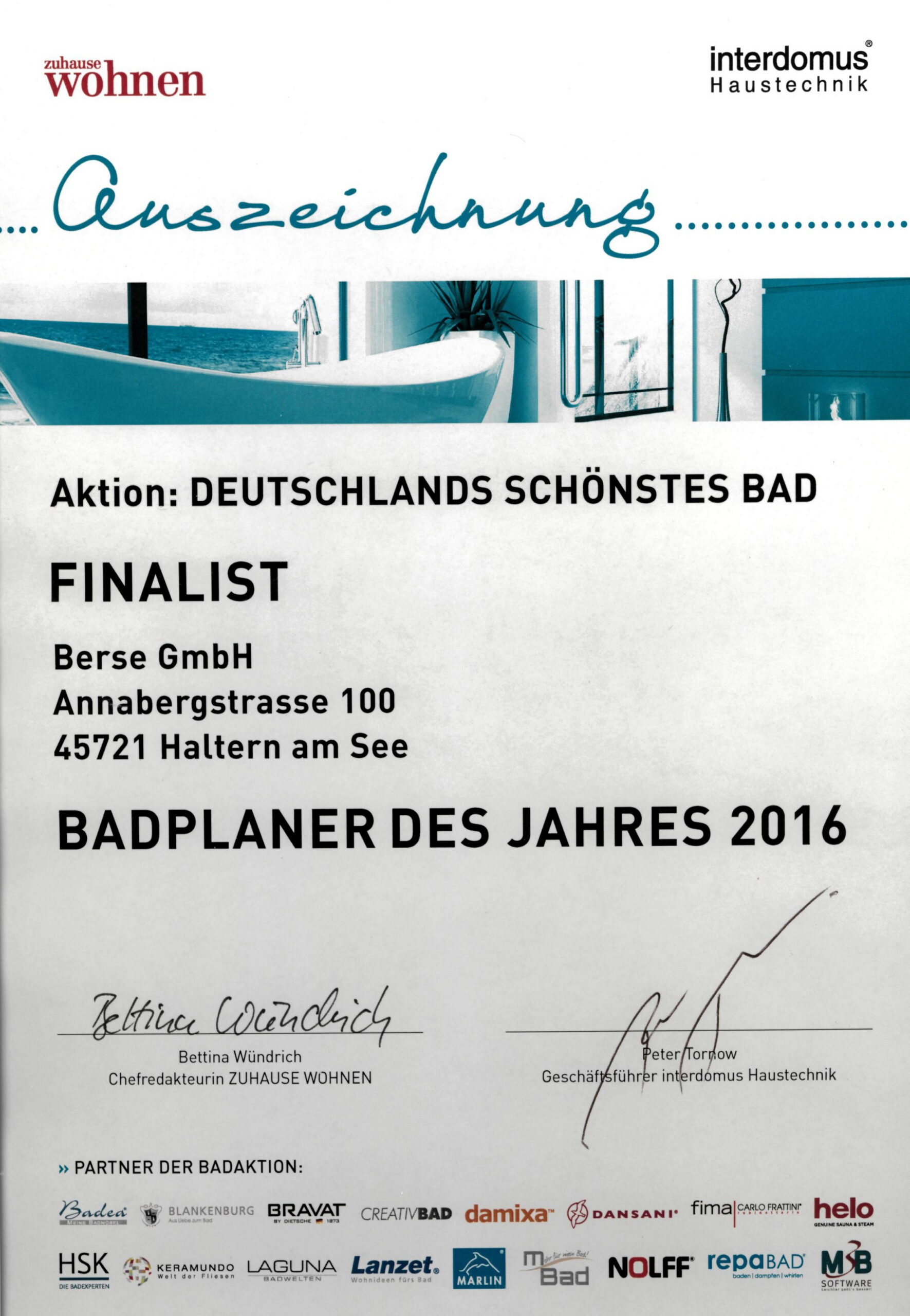 Urkunde der Aktion "Deutschlands schönstes Bad" zum Finalist.