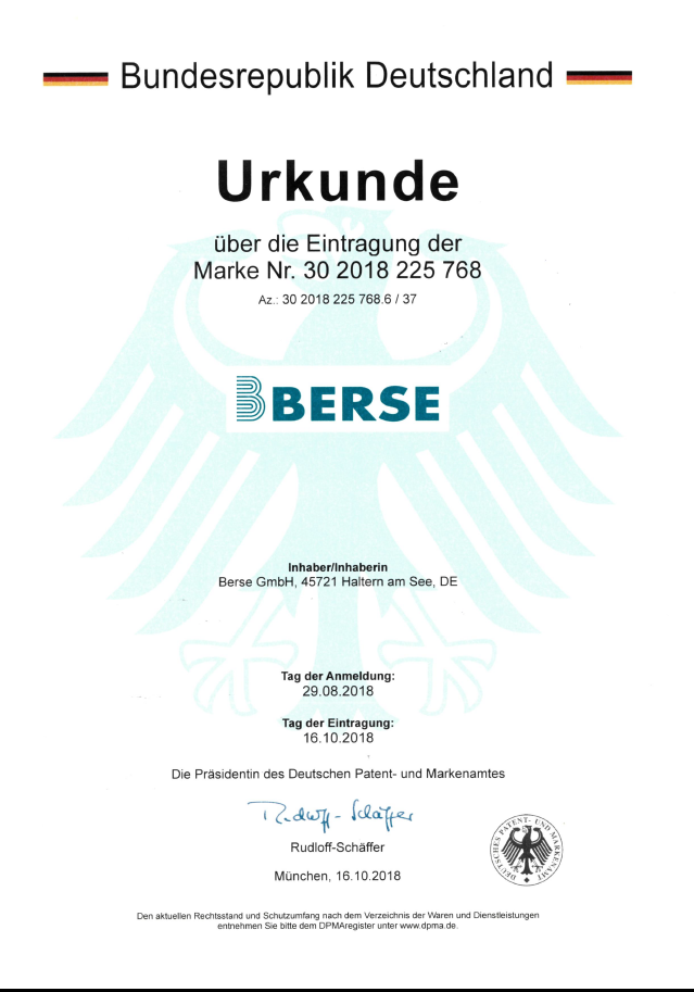 Offizielle Markenurkunde der Berse GmbH.