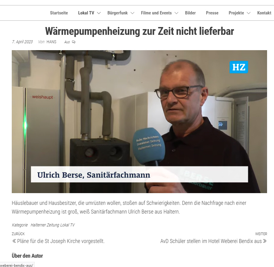berse_youtube Screenshot aus einem Video zum Thema Wärmepumpen, der den Inhaber der Berse GmbH - Ulrich Berse- zeigt.