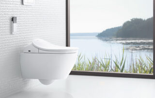 Ein Dusch-WC, montiert vor einem großen Fenster.