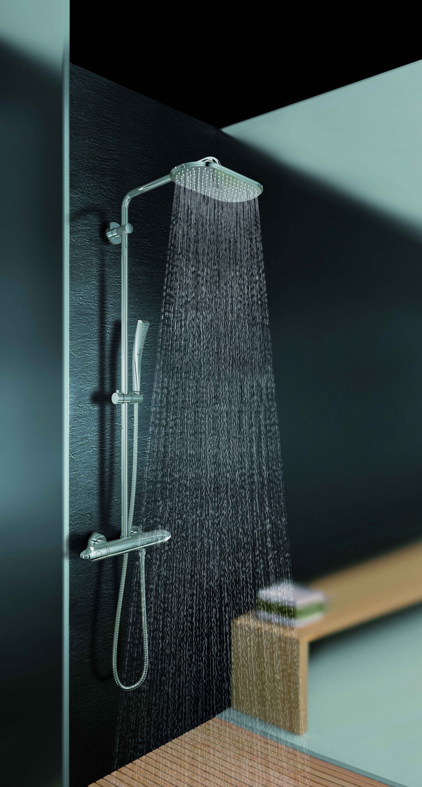 veris_dusche Eine Regendusche in einem Badezimmer.