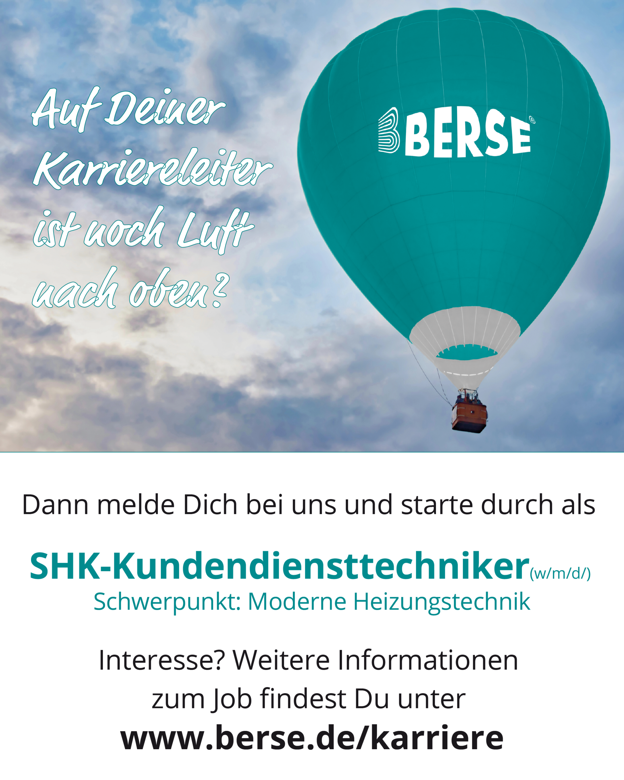 Stellenanzeige der Berse SHK GmbH mit Heißluftballon und Text.